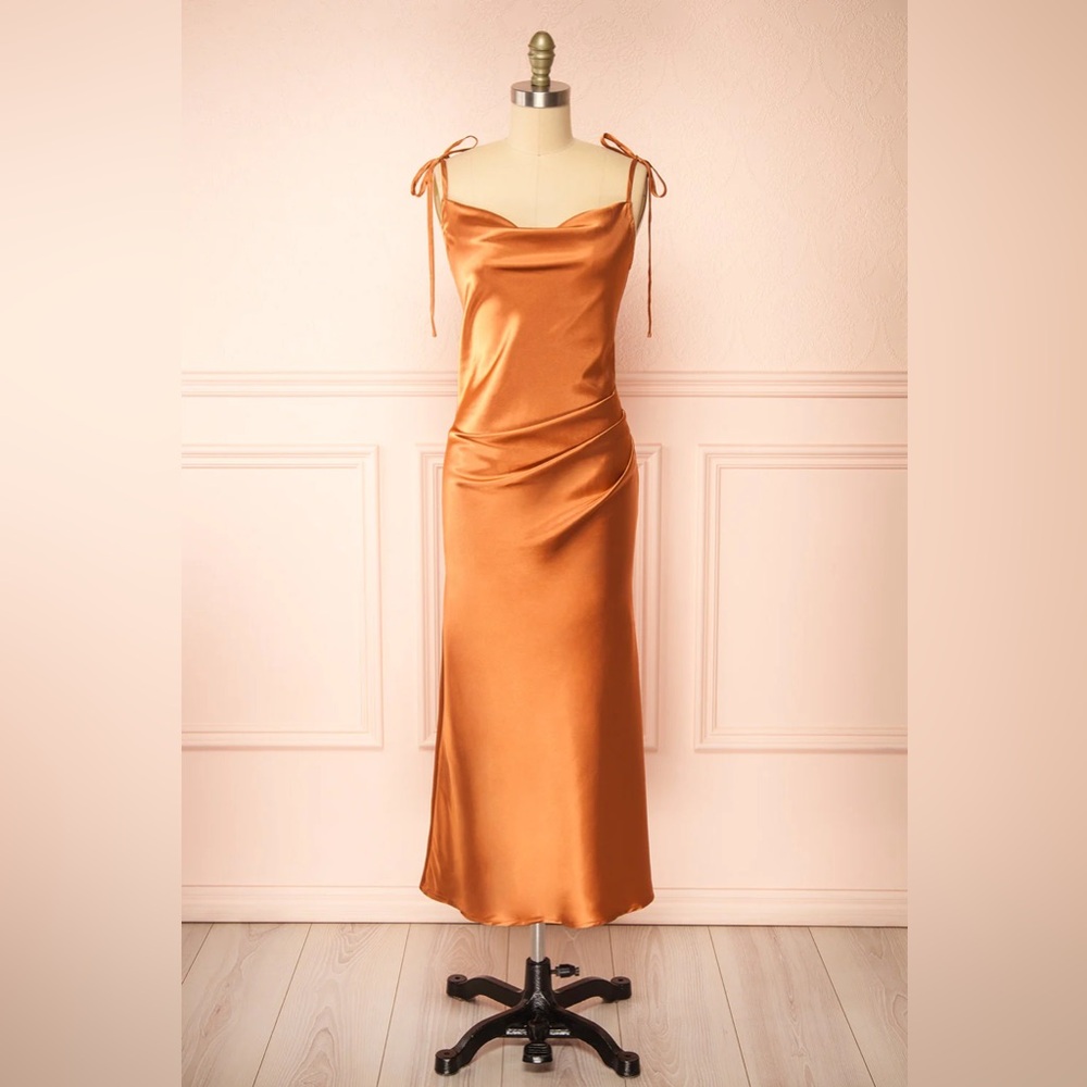 Gorgeous Elyse Satin Cowl Neck Midi Dress in Rust